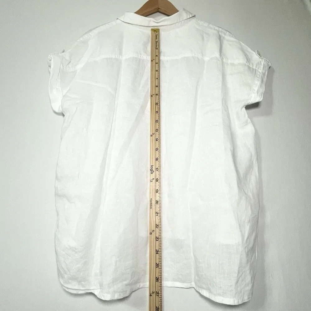 Nicole Miller White 100% Linen V-Neck Popover Top Shirt Roll Tab Short Sleeve